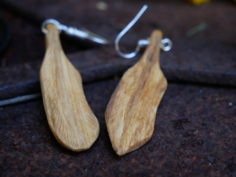 Earrings Hand Carved Wood Feather Palo Santo Sweet Smelling Wood Wood Carving Palosanto High Frequency EarWires