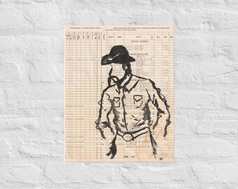 Vintage Paper Cowboy Art Print, Western Wall Decor