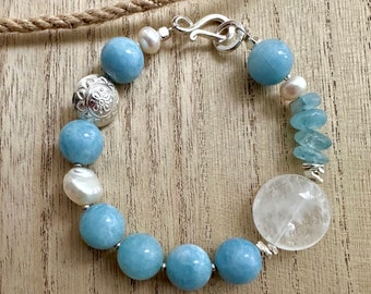 Aquamarine, Pearl, Quartz and Silver Bracelet. Beaded Bracelet.