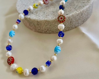 Chuvora Venetian Murano Glass Bead Multi-Colored Millefiori Flower Round Disc Necklace 16-18 inches 