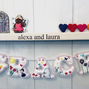 Handmade Fairy Themed Stuffed Felt Name Banner, Bunting, Garland, Flowers,Rainbow, Butterflies, Fairy Door, Rabbit, Toadstools, Sun, Fairies