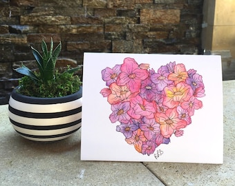 Watercolor Heart Flower Print Valentines Day Card Set of 6