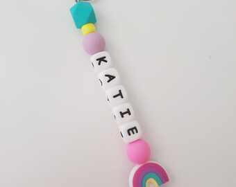 Personalised name keychain, girls bag charm, rainbow keychain, bead bag charm, name tag, bead keyring