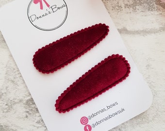 Burgundy snap clips, velvet clips, snappy clips, hair clips, hair accessories, toddler hairbows, hair slides, fringe clips, school clips