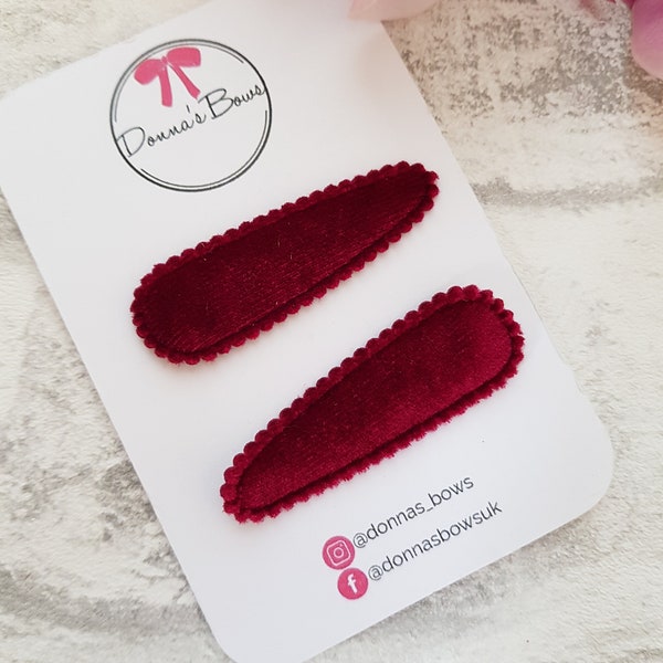 Burgundy snap clips, velvet clips, snappy clips, hair clips, hair accessories, toddler hairbows, hair slides, fringe clips, school clips