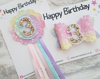 Rainbow birthday hairbow, bow and badge, birthday headband, glitter hair clip, hair accessories, girls birthday bow, girls birthday bow