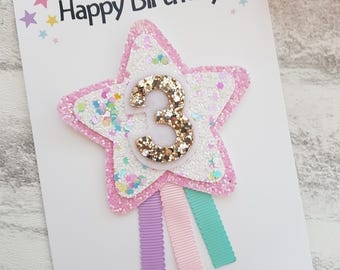 Birthday badge, girls birthday badge, birthday pin, girls star badge, colourful birthday badge, girls birthday rosette, birthday badges