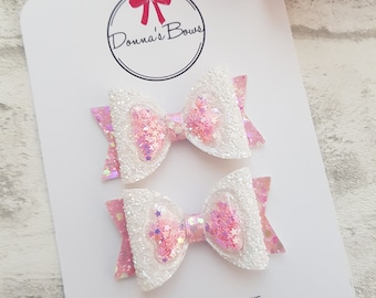 Shaker pigtail bows, princess bows, girls hair clips, toddler hair bows, hair accessories, baby girl pigtails, sparkle bows, pink pigtails