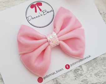 Pink velvet hairbow, girls hair bow, glitter hair clip, toddler hair bow, baby girl headband, velvet hair clip, hair accessories