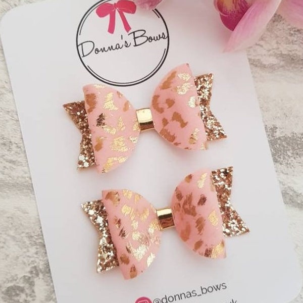 Leopard print pigtails, animal print accessory, girls hairclips, toddler hair slides, hair accessories, pigtail bows, gold hairbows