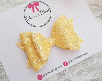 Yellow hairbow, glitter hairbow, toddler hair clip, baby girl bow, hair accessory, spring summer hairbow, yellow bow