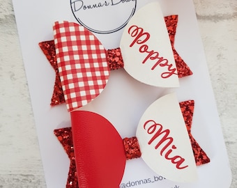 Personalised hair bow, red school bows, school hair bows, girls name hairbow, red check bows, school hair clips, gingham hair bows