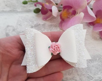 Girls hair bow, rose hair bow, girls hair clip, toddler headbands, baby girl bow, white glitter bow, pink rose bow, hair accessory