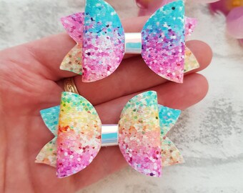 Rainbow pigtails, girls hair bows, girls hair clips, toddler hair bows, girls hairbows, baby girl pigtails, leather bows, hair accessories