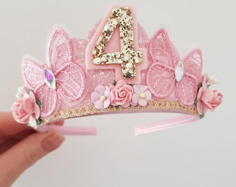 Butterfly birthday tiara, girls fairy tiara, birthday photo prop, butterfly birthday crown, girld hair accessories, fairy birthday tiara