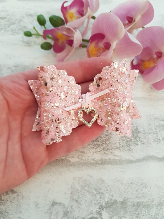 Heart Charm Hairbow, Pink Hair Clip, Girls Hairbow, Glitter  display picture 1