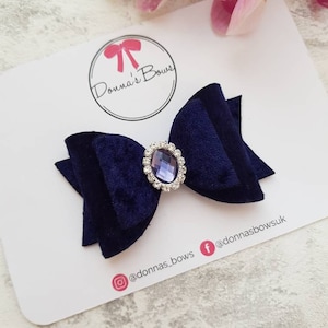 Lazo para el pelo con gemas azul marino, lazo de terciopelo azul marino, lazos para el pelo para niñas, pinzas para el pelo, diademas para niñas, lazos para el pelo azul marino, accesorios para el pelo para niñas pequeñas, lazo para el pelo con joyas