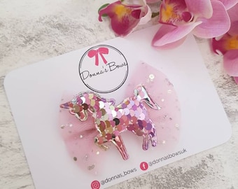 Unicorn hairbow, sequin tulle bow, pink hairbows, glitter clips, toddler hair clip, baby girl headband, hair accessories, hair slides