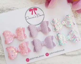 Teeny pigtail bows, first pigtails, mini bow set, glitter hair bows, white hair clips, baby girl bows, baby hairbow, hair accessories