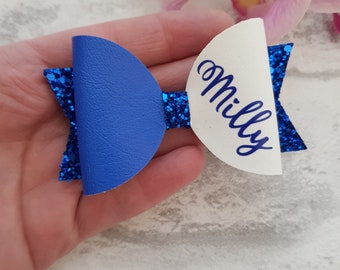 Personalised hair bow, royal blue bows, ginghaml hair bow, girls name hairbow, royal blue bows, school hair clips, gingham hair bows