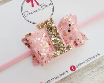 First Birthday Headband: Glitter Number Bow, Baby Hair Accessory