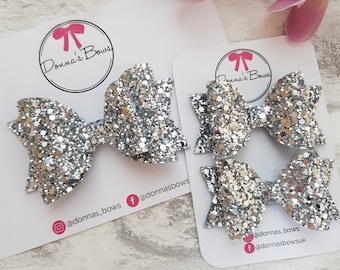 Silver glitter bow, glitter pigtails, girls headband, baby girl bows, silver hair clip, toddler hairbows