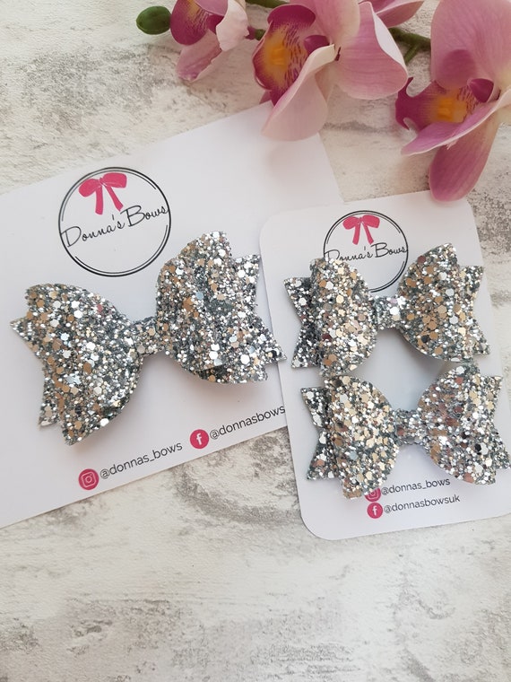 Silver glitter bow, glitter pigtails, girls headband, baby girl bows, silver hair clip, toddler hairbows