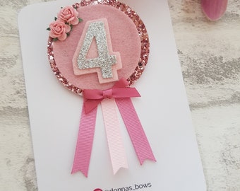 Birthday badge, birthday rosette, birthday badge bow, girls party accessory, girls birthday badge, personalised age badge