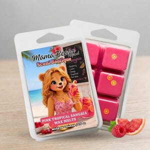 May include: Two packs of wax melts. One features a cartoon bear holding a drink, with text reading "Pink Tropical Sangria Wax Melts." The other contains six pink wax melt cubes. A raspberry and grapefruit slice are in the foreground.