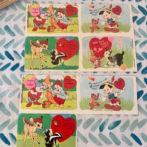 Cartes de la Saint-Valentin Walt Disney vintages - Nains Bambi Pinocchio Tic Figaro Fleur