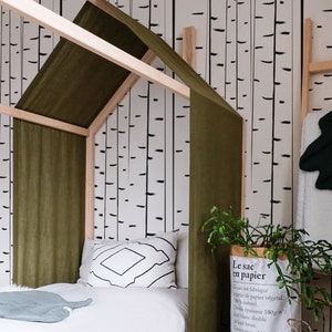 Cama de piso US Twin Size con funda de lino verde oliva y chimenea, Cama para niños, Cama para niños pequeños, Casa con cama de guardería de madera, Cama de piso moderno, Cuna imagen 2