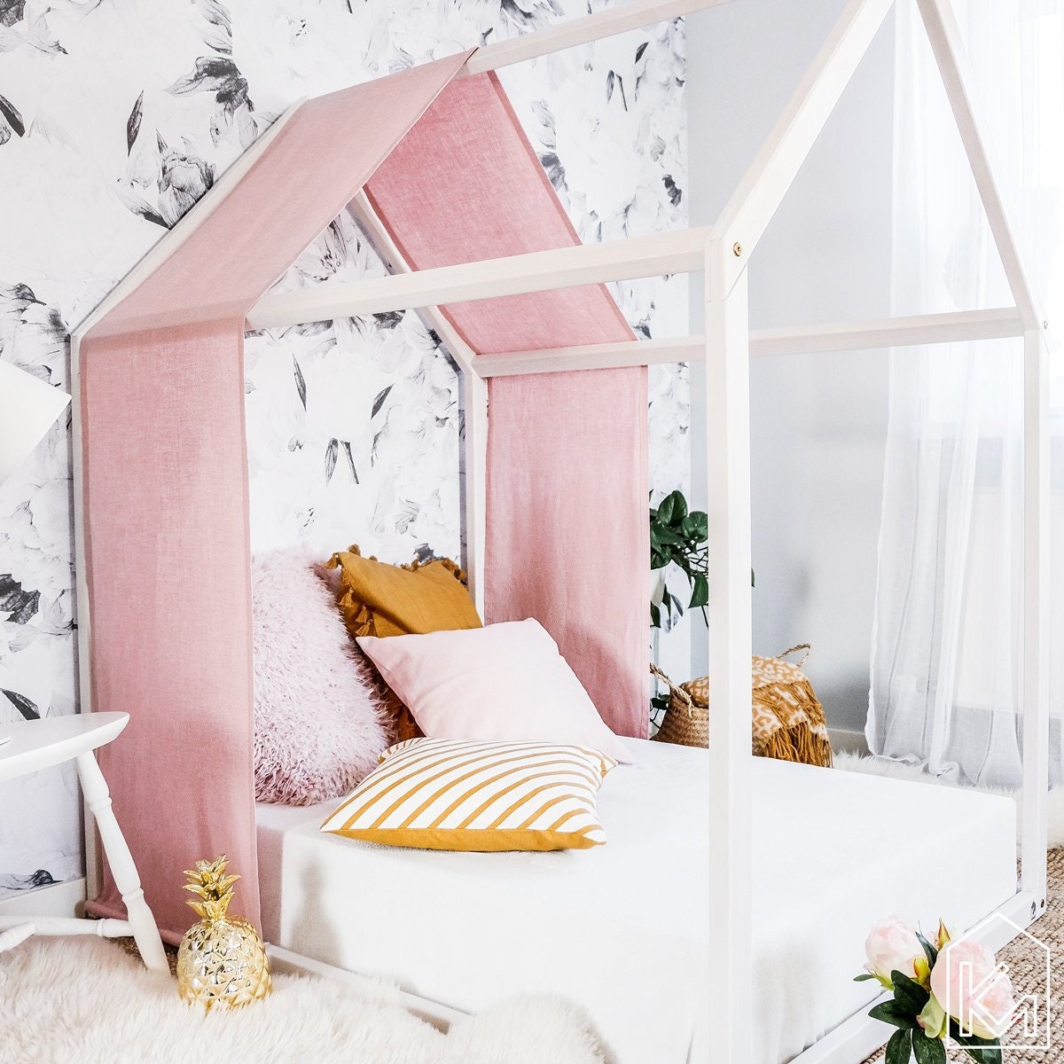 Modern Girls Bed With Pastel Pink Linen, Toddler Girl Bed Frame