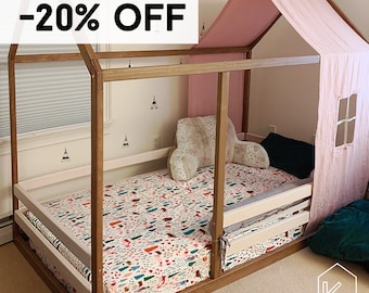 US Full Size House bed with rails for toddlers, Kids bunk bed, House shape bed, Toddler Home bed, Wood floor bed, Nursery crib Kids bedroom