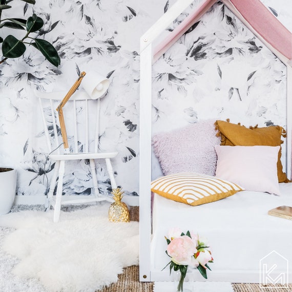 Au King Size Girls Bed With Pastel Pink Linen Cover Kids Bed Toddler Bed Wood Nursery Bed House Modern Floor Bed Baby Bed
