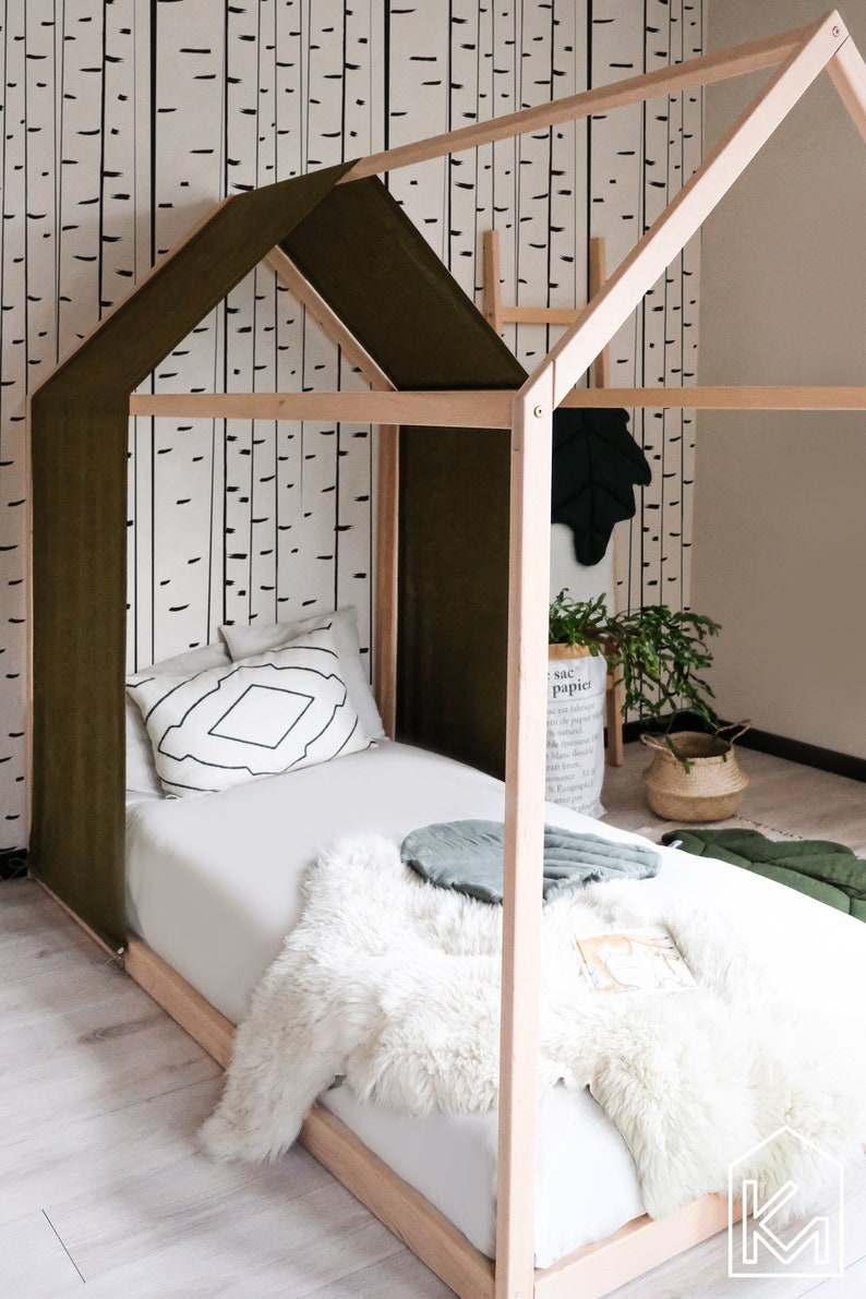 Cama de piso US Twin Size con funda de lino verde oliva y chimenea, Cama para niños, Cama para niños pequeños, Casa con cama de guardería de madera, Cama de piso moderno, Cuna imagen 5