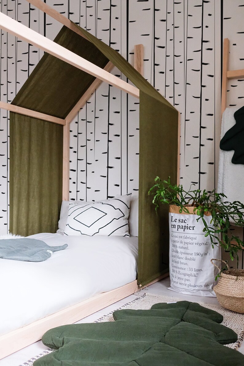 Cama de piso US Twin Size con funda de lino verde oliva y chimenea, Cama para niños, Cama para niños pequeños, Casa con cama de guardería de madera, Cama de piso moderno, Cuna imagen 2