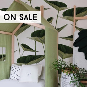 US Full Size floor bed with salad green linen cover and chimney, Kids bed, Toddler bed, wood nursery bed house, Modern floor bed, Baby bed