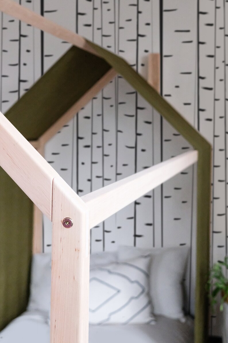 Cama de piso US Twin Size con funda de lino verde oliva y chimenea, Cama para niños, Cama para niños pequeños, Casa con cama de guardería de madera, Cama de piso moderno, Cuna imagen 4