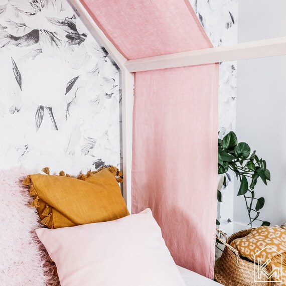 Us Twin Size Girls Bed With Pastel Pink Linen Cover Kids Bed Toddler Bed Wood Nursery Bed House Modern Floor Bed Baby Bed