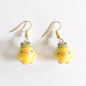 Cute Ducks wearing Frog Hats Earrings / Polymer Clay Charms/ Cute Polymer Clay Earrings / Artwallyuni