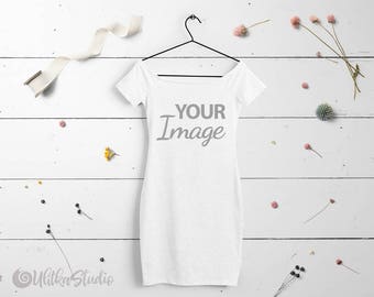 Download Free White dress Mockup, Your design here, Girls Stock Photo, Surface for printing Mockup Instant Download, Additional photo for instagram PSD Template