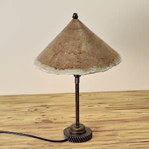 Rustic bedside table lamp with ceramic lampshade Metal gear farmhouse handmade lamps Bedroom night light Industrial stand lamp Pottery shade