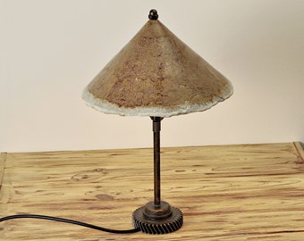 Rustic bedside table lamp with ceramic lampshade Metal gear farmhouse handmade lamps Bedroom night light Industrial stand lamp Pottery shade