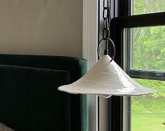 Textured wabi sabi lamp whith a chain and ring Rustic white and black home lighting Plug-in