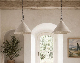 Pendant ceramic lamp whith a chain and ring Wabi sabi lighting