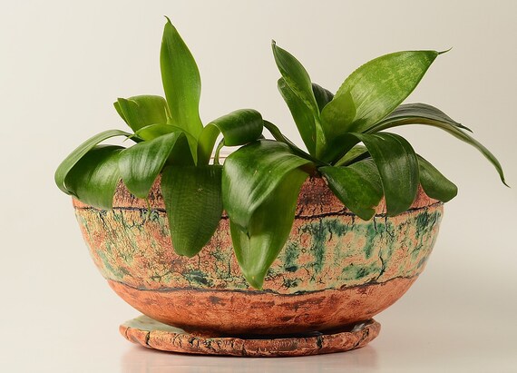 Large Rustic Ceramic Planter Pot With Drainage And Saucer Big Etsy