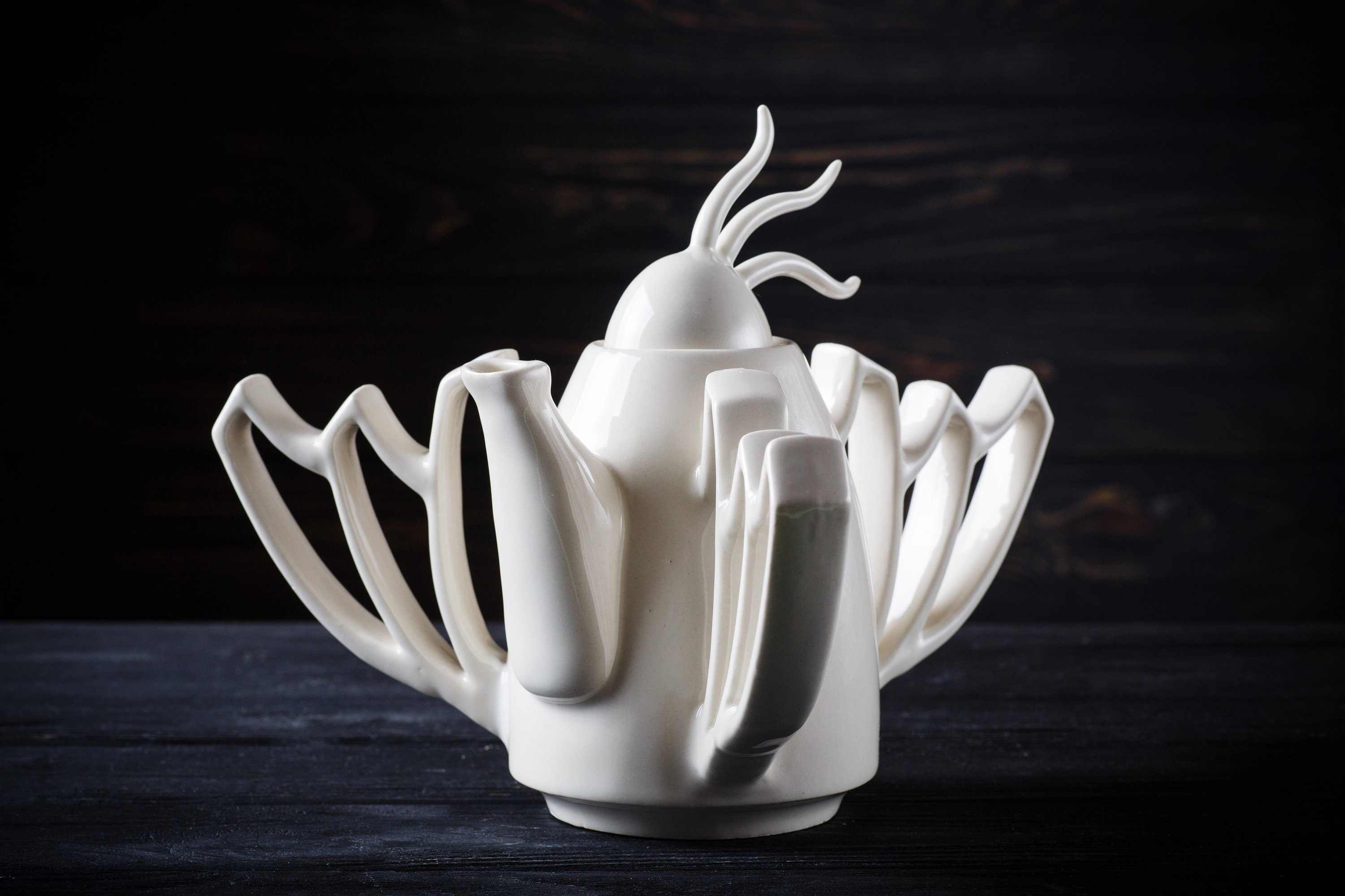 Modern contemporary ceramic teapot with 3 handles White Etsy