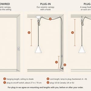 How to hang this pendant: hardwired with our ceramic canopy, or plug-in, the cord loop on our canopy hook or on a swag hook