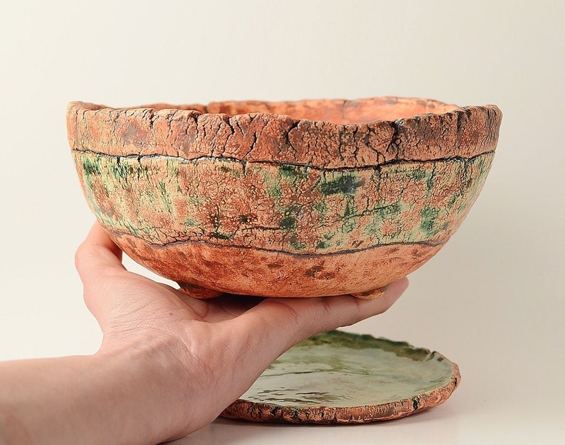 Large rustic ceramic planter pot with drainage and saucer