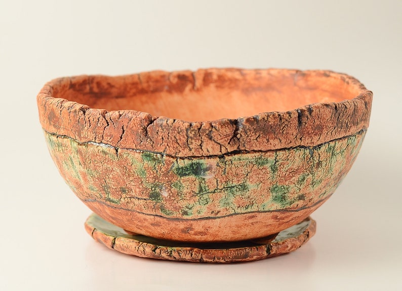 Large rustic ceramic planter pot with drainage and saucer